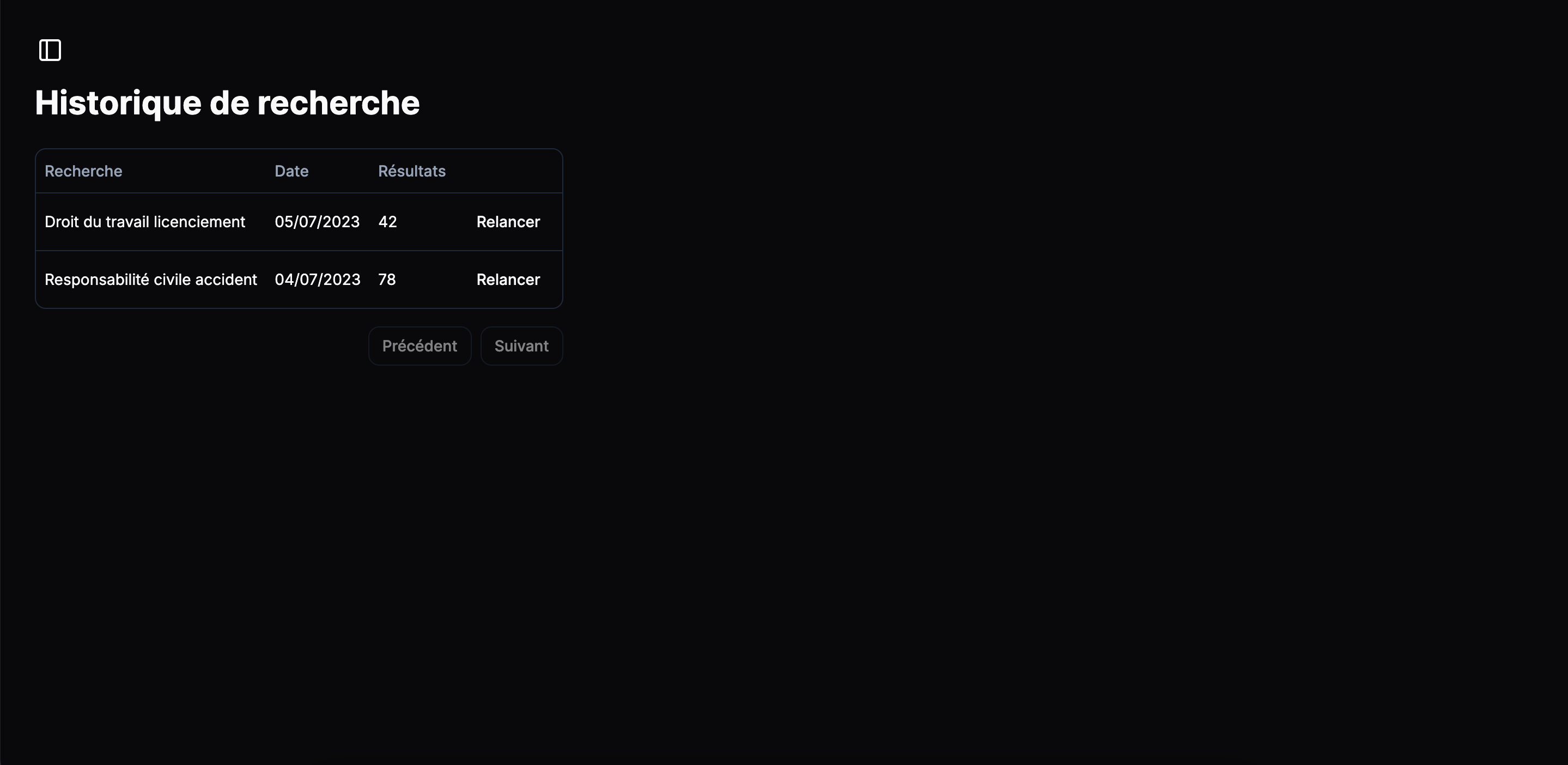 Interface favoris sombre