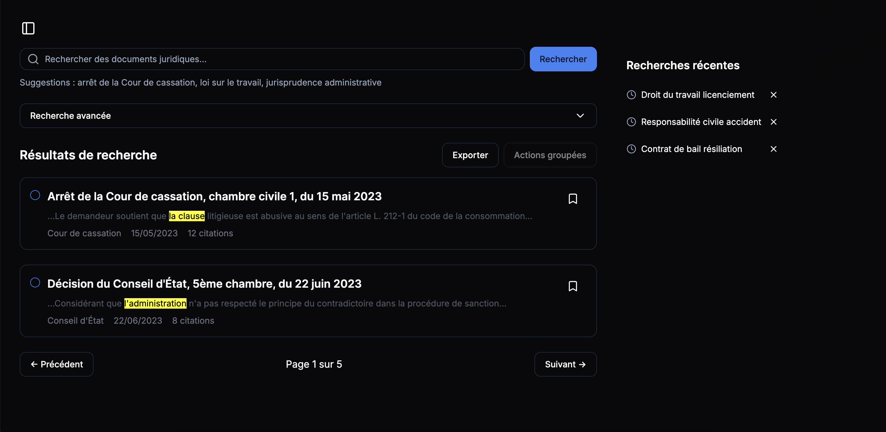 Interface recherche sombre